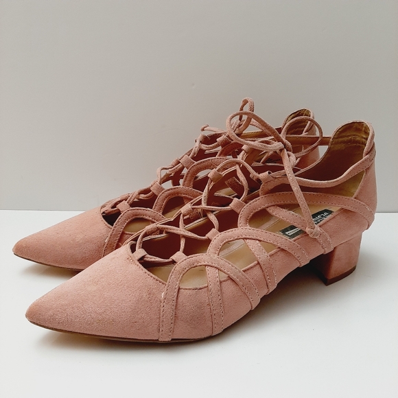 Design Lab Lord & Taylor Shoes - Design Lab by LORD & TAYLOR Sarie Lace-Up Pointy Toe Heels Vegan Suede Pink Sz 8